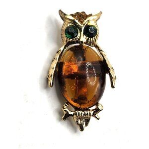 Vintage Gold-Tone Owl Brooch With Amber-Colored Glass Body & Green Rhinestone Ey